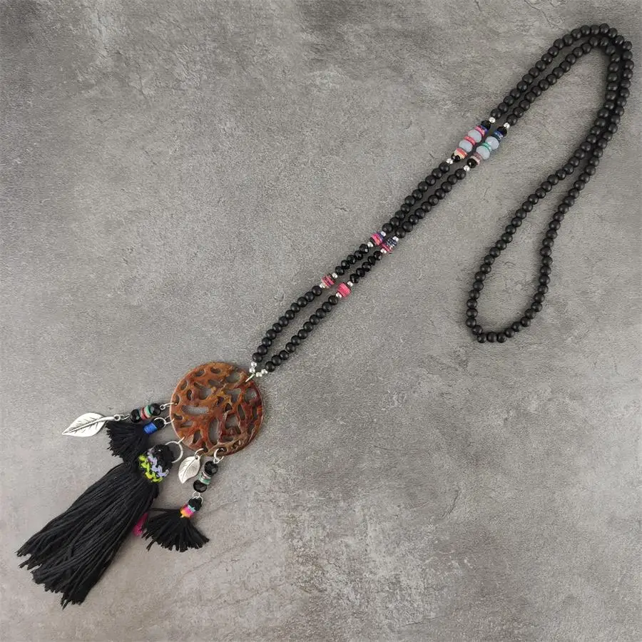 Женское длинное акриловое ожерелье Boho этническое черное богемное с кулоном