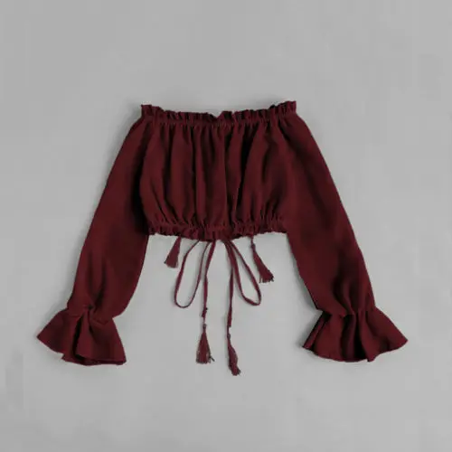 Блузка женская шифоновая с открытыми плечами на шнуровке длинным рукавом |