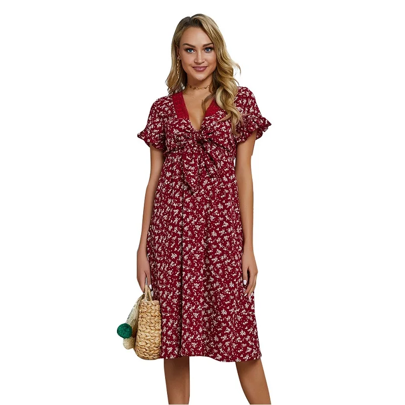 WHZHM Vestidos бант Femme шифоновое цветочное Вечерние Платье женское короткий рукав клеш