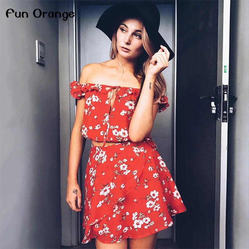 Fun Orange Из Двух частей Красный Шифон Летом Dress Женщины 2017 Vintage Партия Оборками