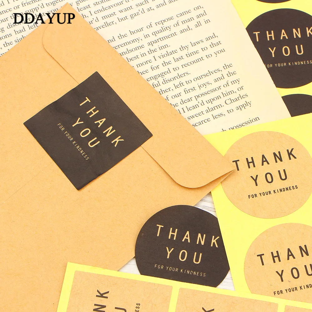 Наклейка с надписью Thank You круглая квадратная черная Крафтовая бумага цветная