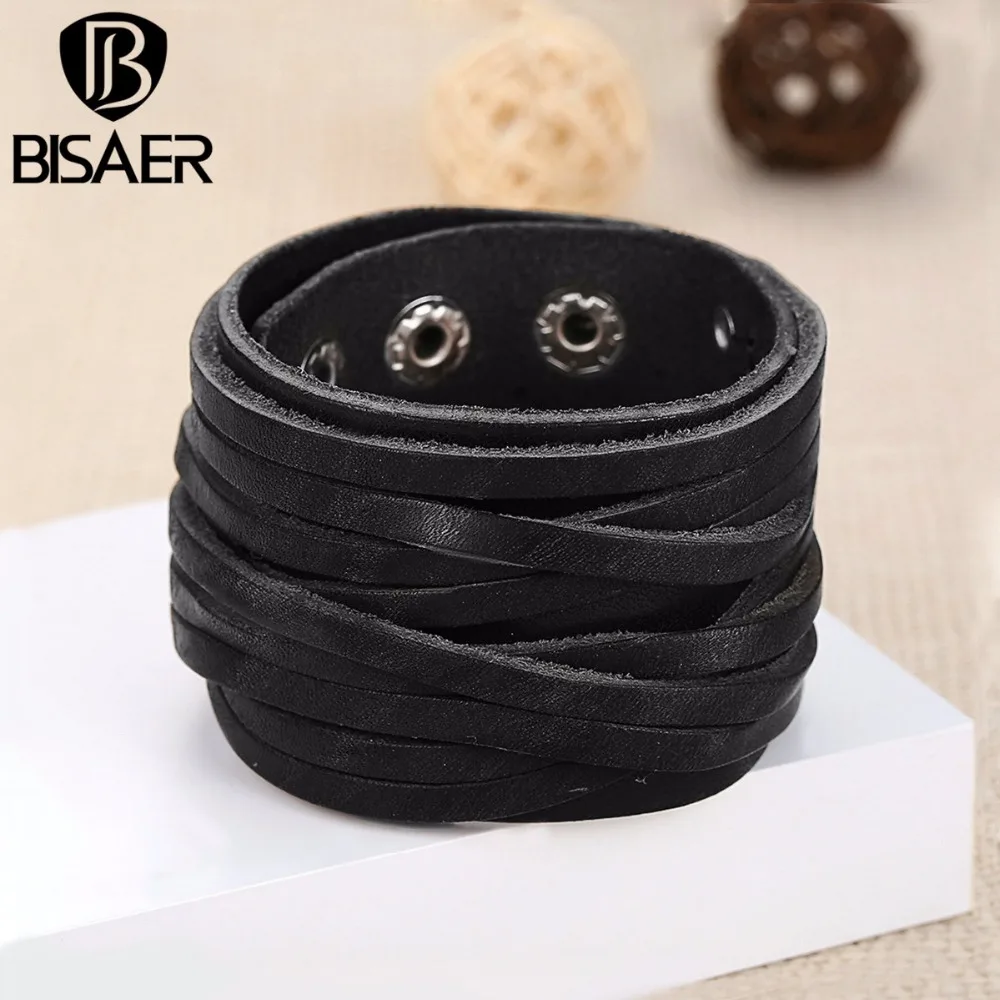 Браслет из натуральной кожи широкий коричневый и черный Плетеный регулируемый