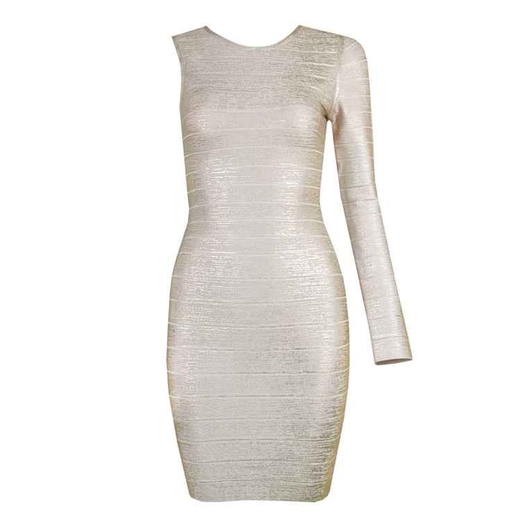 

BEAUKEY One Sleeve Metallic Gold Rayon Bodycon Bandage Dress Long Sleeve Party Clubwear Dress Elastic Slim Sexy Clubwear Vestido