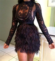 black cocktail dresses a line long sleeves lace see through feather elegant short mini party homecoming dresses