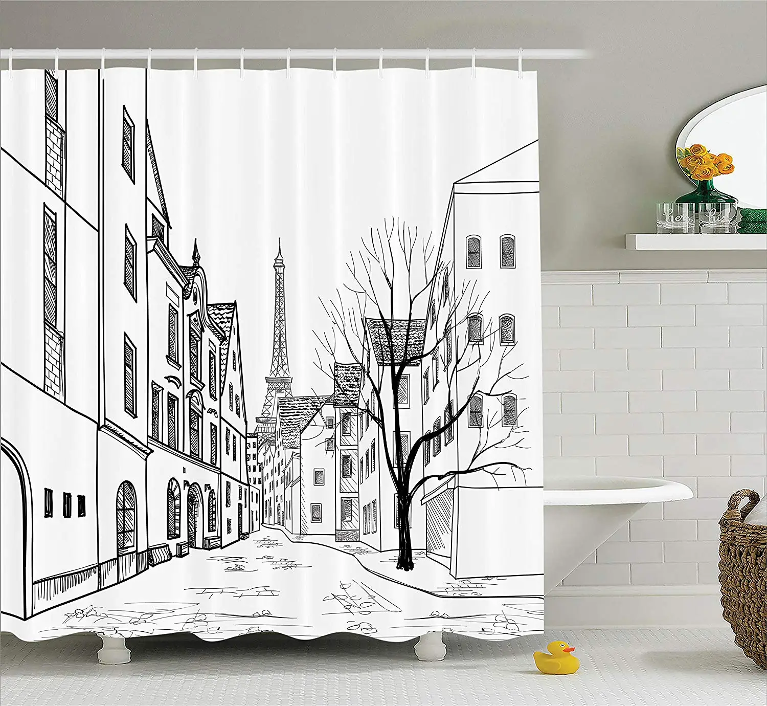 

Wanderlust Decor Shower Curtain Paris Street with Houses Buildings and Tree on Alleyway Eiffels Tower on Background Bathroom