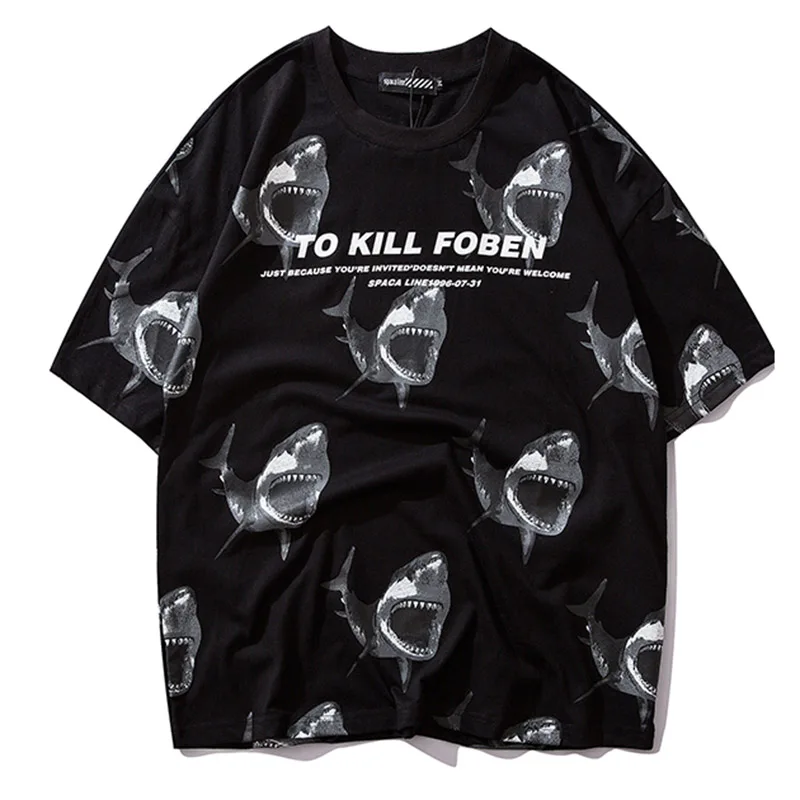 2019 летняя Новая высококачественная рубашка с короткими рукавами и принтом акулы