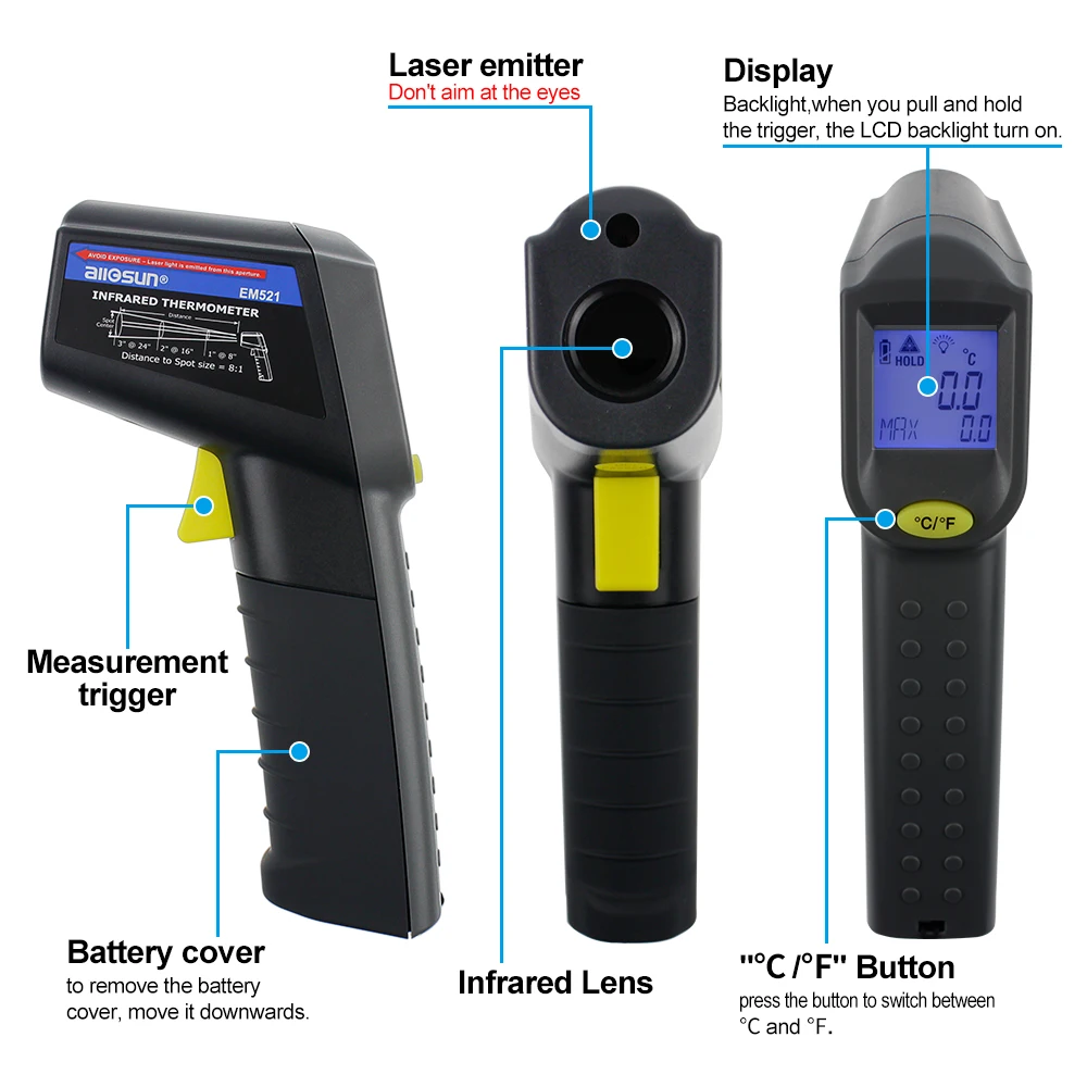 Бесконтактный инфракрасный термометр all sun EM521 лазерный излучатель 38 ~ 520 градусов