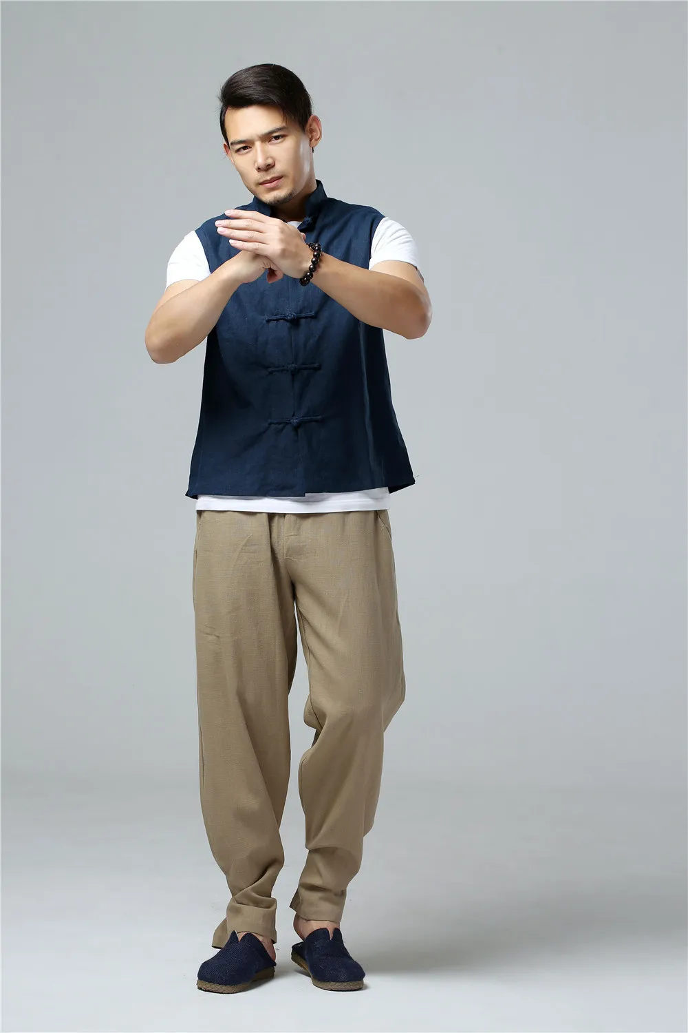 LZJN Men's Summer Waistcoat Chinese Style Vintage Breathable Linen Button Down Kung Fu Shirt Sleeveless Vest Jacket