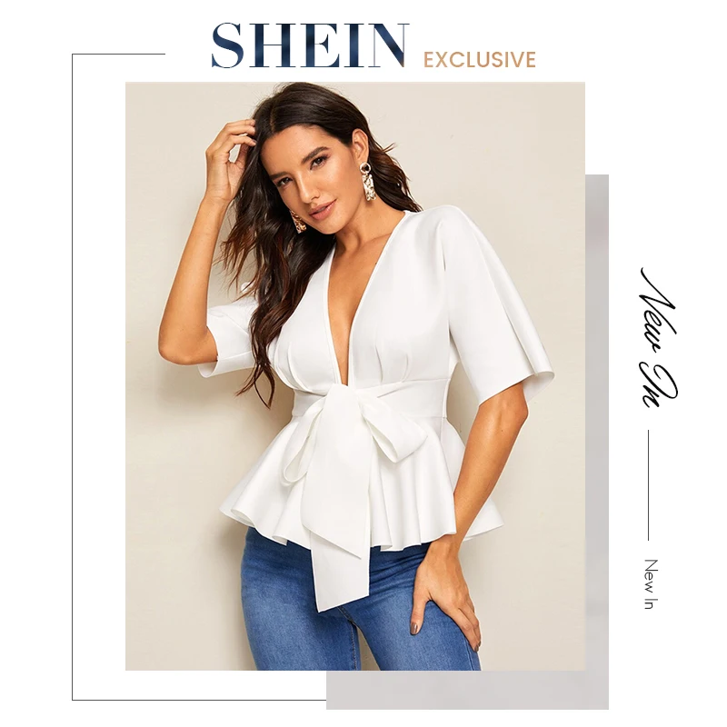 SHEIN топ с глубоким вырезом и баской на талии, белый однотонный облегающий женский топ и блузки, сексуальный глубокий v-образный вырез, летняя блузка с коротким рукавом