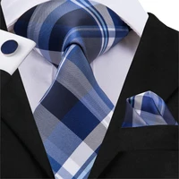 hi tie mens silk tie set fashion blue plaid tie pocket square cufflinks set 2019 male business party blue necktie set c 3013