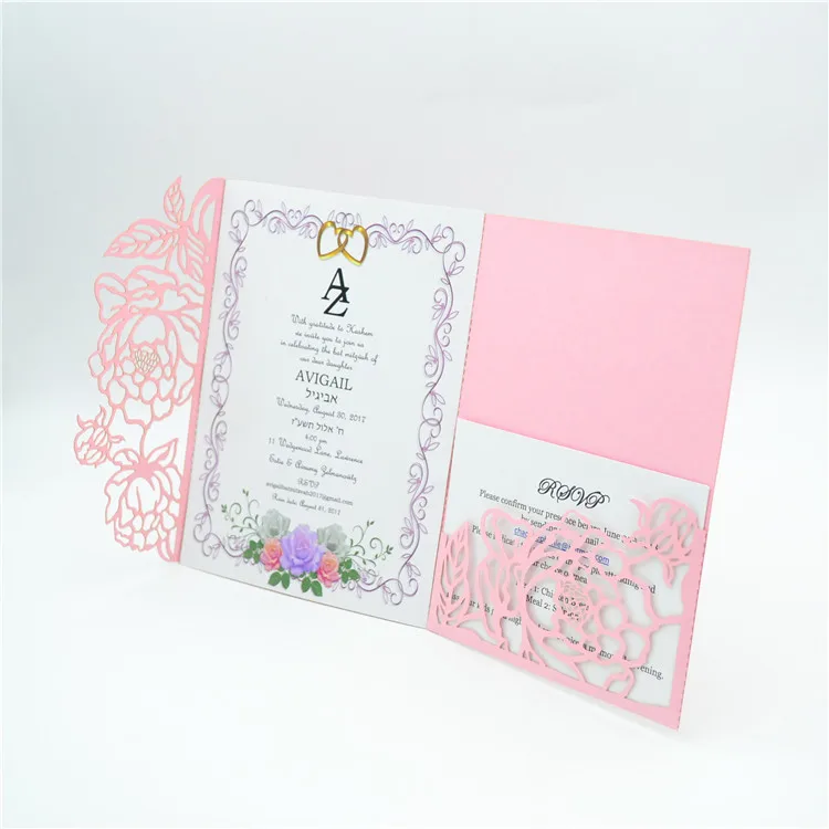 

Elegant blush pink Tri Fold laser cut pocket wedding invitation envelope