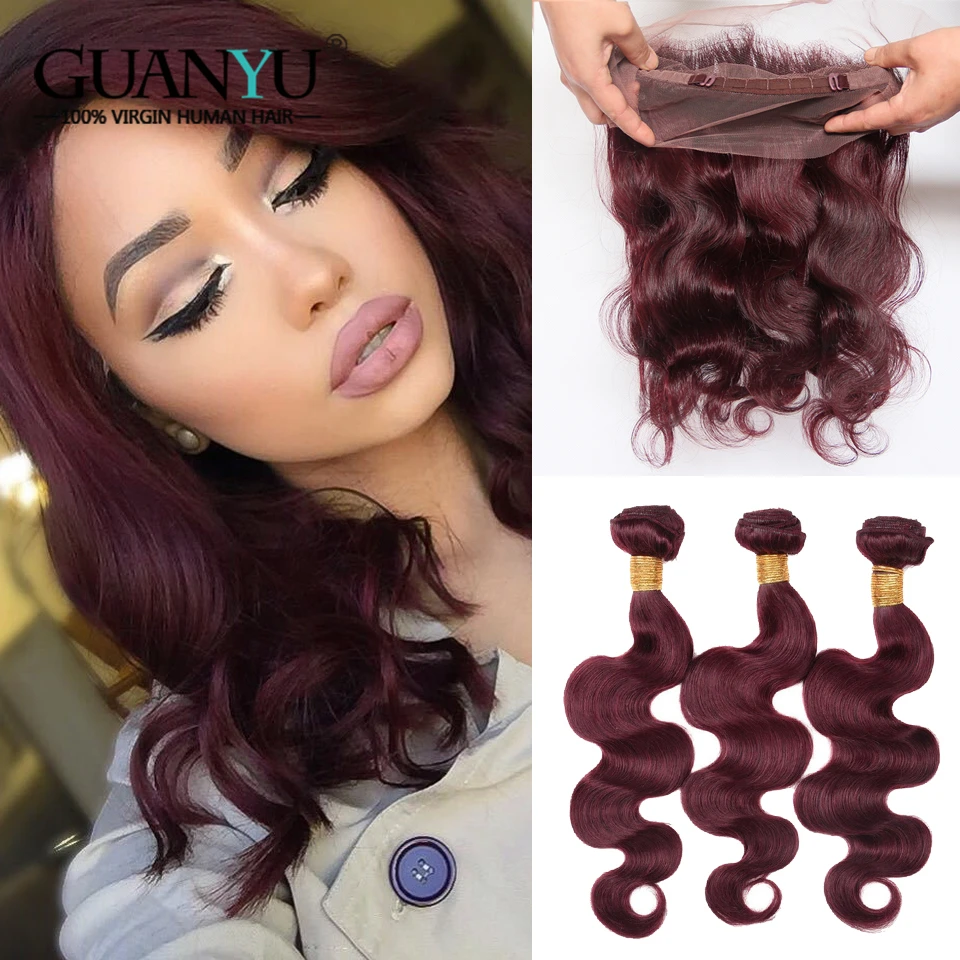 Guanyuhair 3 шт. бордовые волосы Связки с 360 фронтальным кружевом 99J плетение
