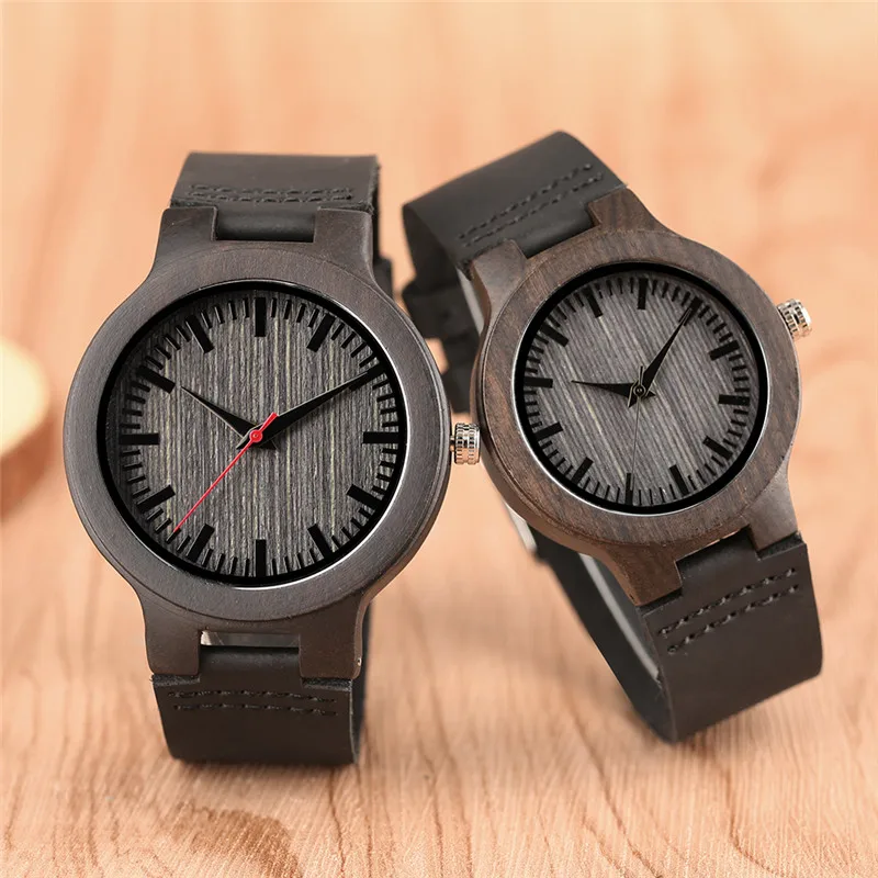 

Top Luxury Ebony Natural Wooden Clock Casual Leather Wood Quartz Wristwatch Fashion Lovers Souvenir Valentine Gifts Dress Watch