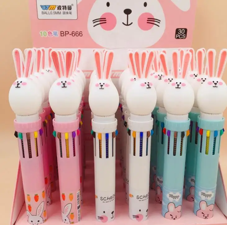 

3 Pcs 10 Colors Cartoon Big Ear Rabbit Ballpoint Pen for Student School Supplies Silica Rainbow Multicolor Ball Pens Stationery