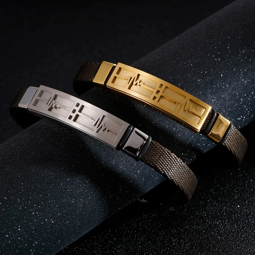 Adjustable Leather Wrap Bracelet Men Stainless Steel Heartbeat ECG Heart Rate Map Mens Bracelets Friendship Wrist Band Jewelry | Украшения