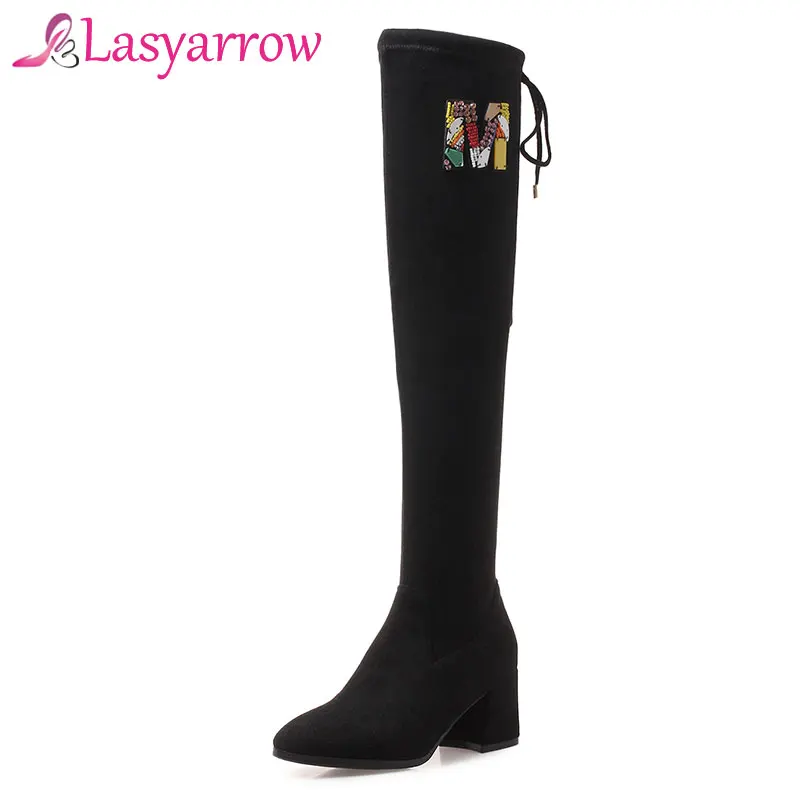 

Lasyarrow Over the Knee High Boots Chunky Heel Knight Boots Zipper Botas Mujer Sexy Elastic Lace Up Thigh High Boots Sapatos