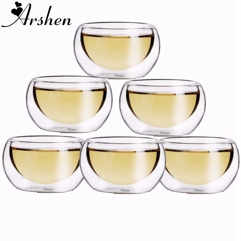 Arshen Durable 6pcs/Set 50ML Elegant Clear Drinking Healthy Cup Heat Resistant Double Wall Layer Tea Cup Water Flower Tea Cups