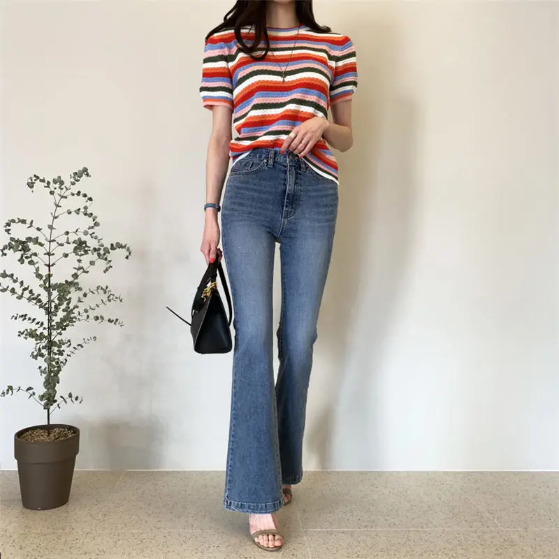 Женская футболка в полоску с коротким рукавом и круглым вырезом | одежда