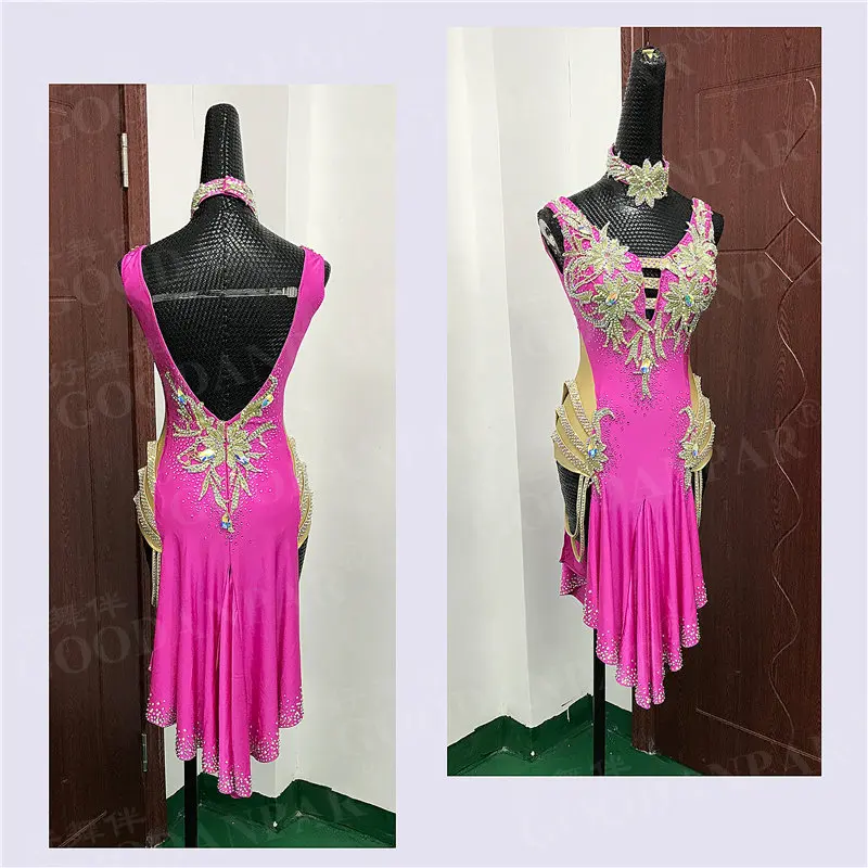 

GOODANPAR женское кружевное платье без рукавов из лайкры для латинских танцев, платье для соревнований с бюстгальтером, чашечками, ожерельем, Самба, сальса, Одежда для танцев