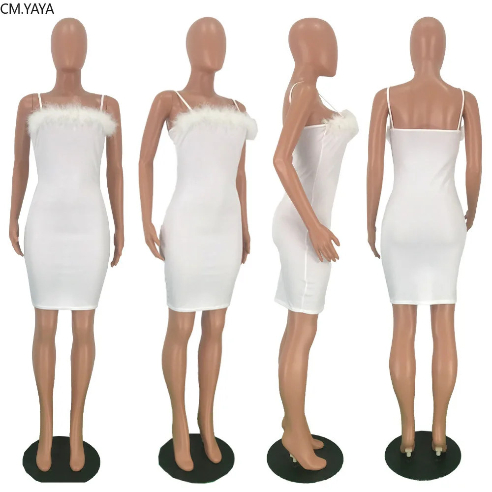 Женское летнее облегающее мини платье на бретелях спагетти с перьями