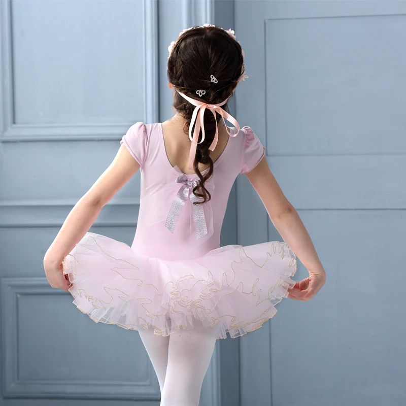 Розовое балетное гимнастическое трико платье-пачка для девочек милый лебедь