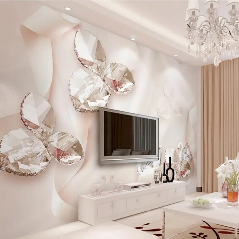 beibehang Custom large fresco pink ribbon crystal swan jewelry leaf 3d TV backdrop super green wallpaper papel de parede | Обустройство