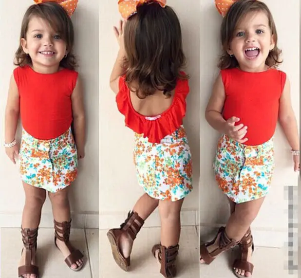 hot new Fashion 2pcs Kids Baby Girls o-neck short sleeve T-shirt Tops+ floral Mini Skirt Outfit Clothes Set | Детская одежда и