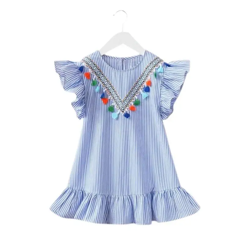 Summer Girls Tassel Flying Sleeve Dresses Stripe Cute Kids Party for girls Princess Dress Tops Clothes | Детская одежда и обувь