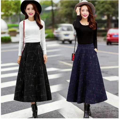 2017 Осенние эластичные юбка с завышенной талией плед Длинные шерстяные юбки