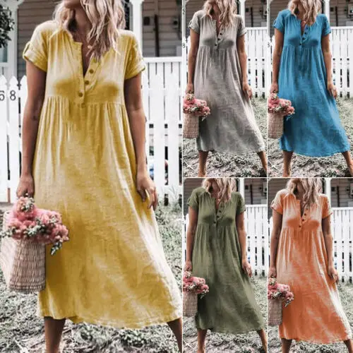 Женское платье-туника Boho длинное платье из хлопка и льна с коротким рукавом