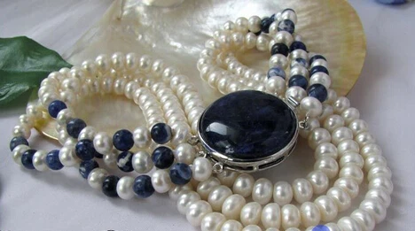 RHJ0041 NICE 3strands 7-8mm white FW pearl lapis lazuli necklace AAA | Украшения и аксессуары