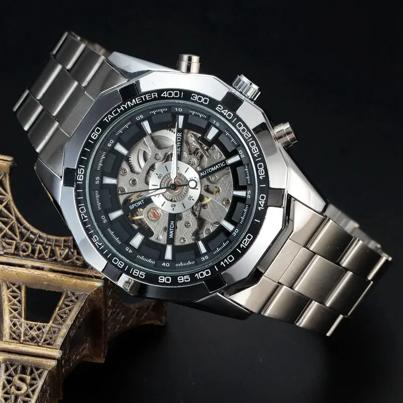 Мужские часы-скелетоны SEWOR деловые Брендовые повседневные механические стальные