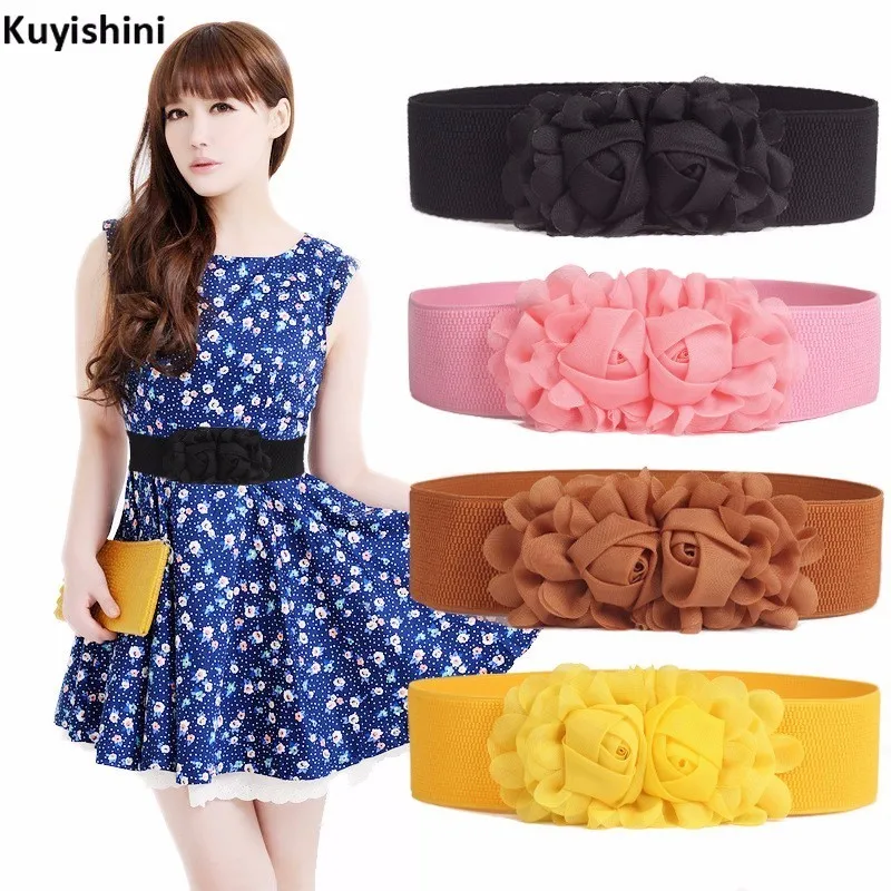 New Fashion Women Lady Chiffon Rose Red Stretch Elastic Belt Wide Buckle Waistband Waist Belts for Women|stretch elastic belt|waistband waist