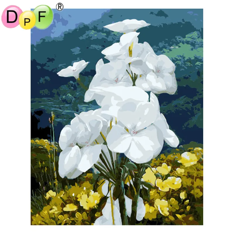 DPF белые цветы DIY Цифровая живопись по номерам Акриловая картина Современные