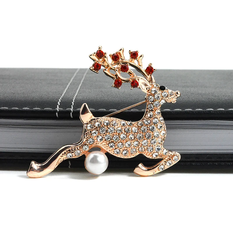 Red Crystal Christmas Deer Pins And Brooches For Women Metal Female Rhinestone Pearl Lapel Pin Suit Coats Scarf Jewelry Broche | Украшения
