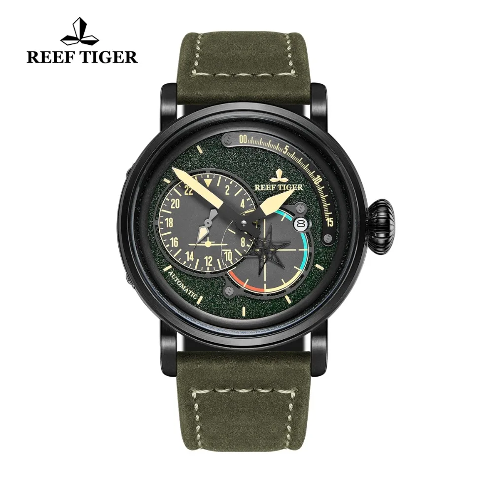 Часы Reef Tiger/RT из черной стали, военные часы для мужчин, ремешок из натуральной кожи, автоматические часы-пилот с датой RGA3019