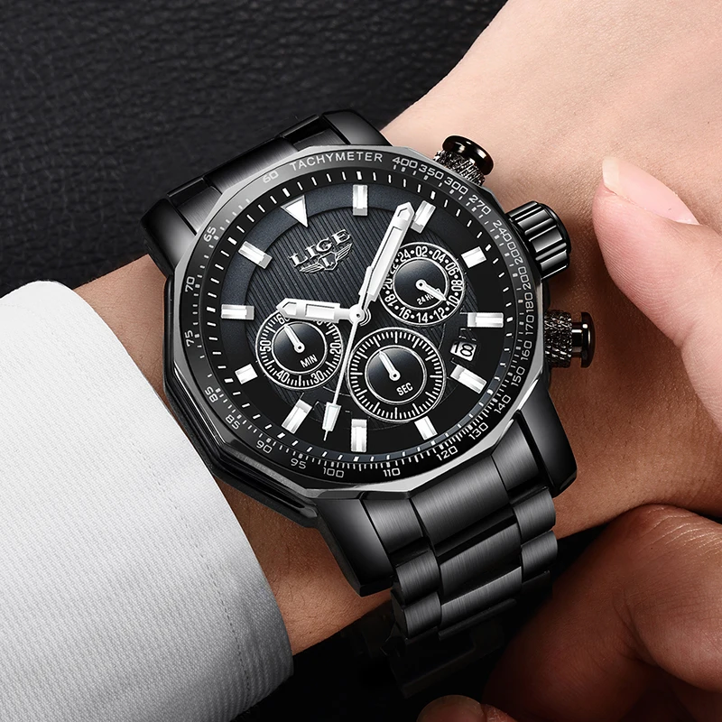 LIGE мужские часы из нержавеющей стали люксовый бренд бизнес большой циферблат