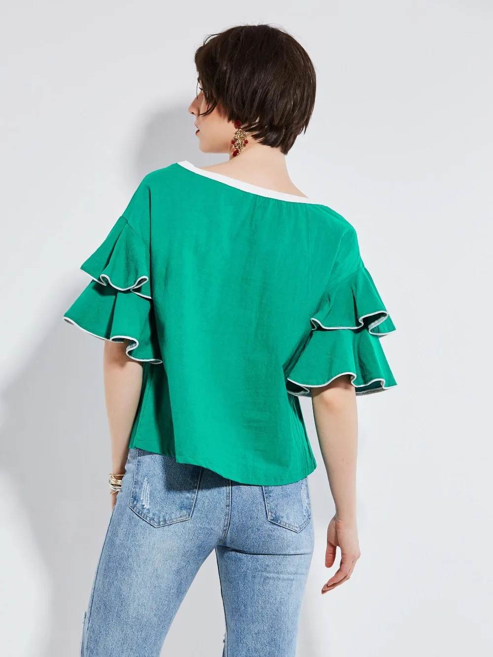 Для женщин Блузка рюшами Топ с коротким рукавом бабочка контрастным воротником