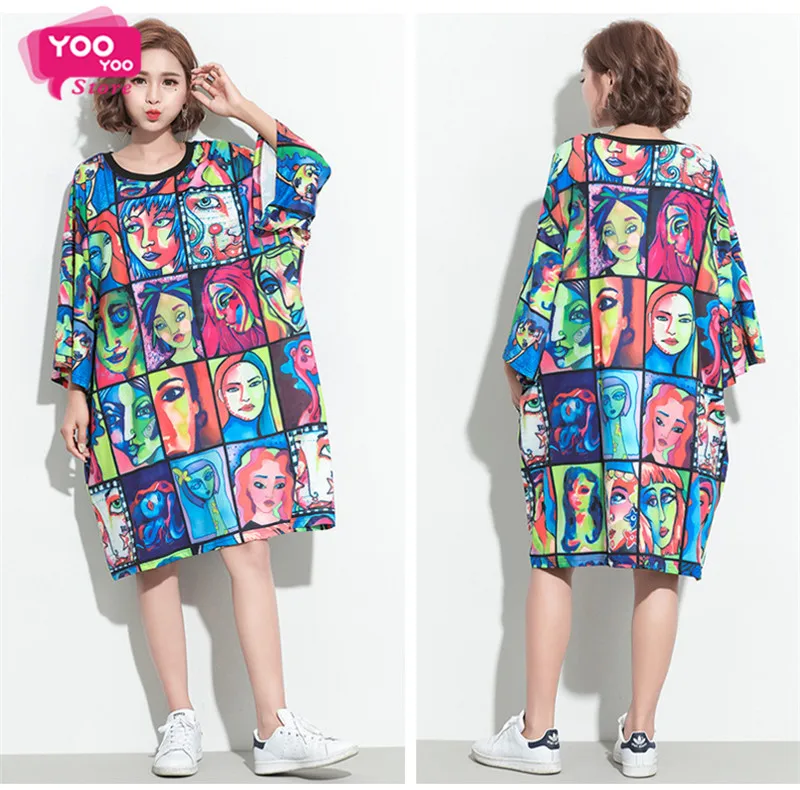 Плюс Размеры платье свободное футболка Oversize с принтом женские Длинная для
