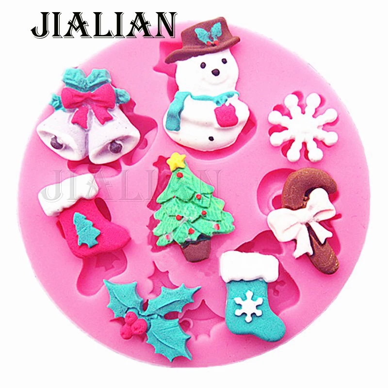 

Snowman snowflakes Christmas tree stockings bells chocolate Party cake decorating tools DIY fondant silicone mold Gumpaste T0130