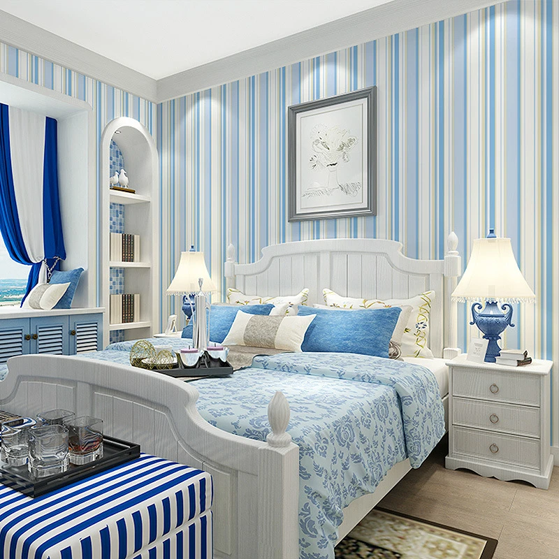 

beibehang Mediterranean 3D Stereo Thick Striped Nonwovens Wallpaper Bedroom Children's Room Green Blue Wallpaper
