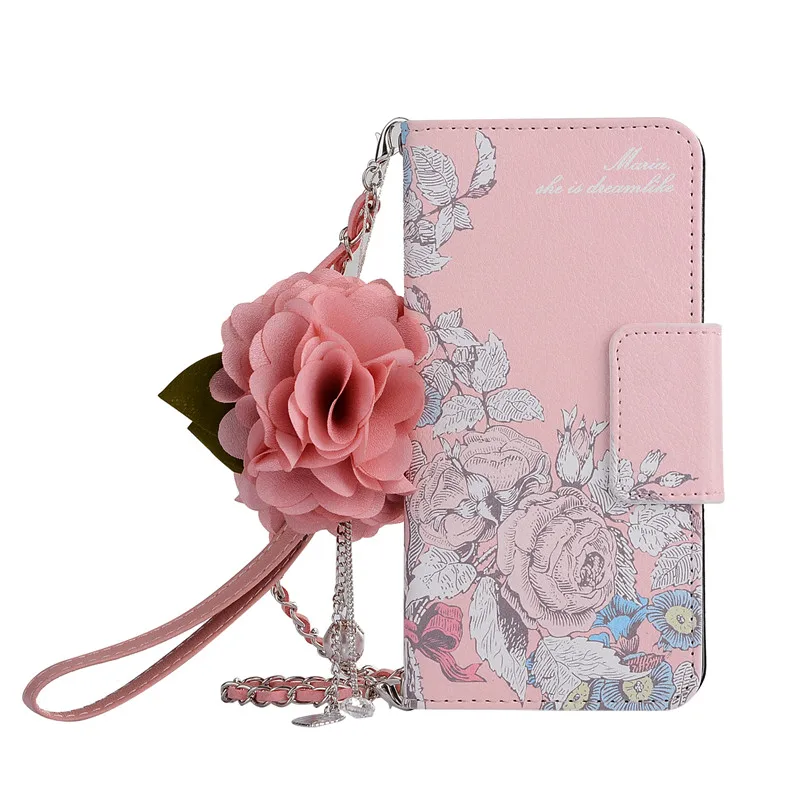 Роскошный кожаный чехол-кошелек с розовым цветком для iPhone 6 6s 7 8 Plus X XR XS Max Flower Chain Bag Coque