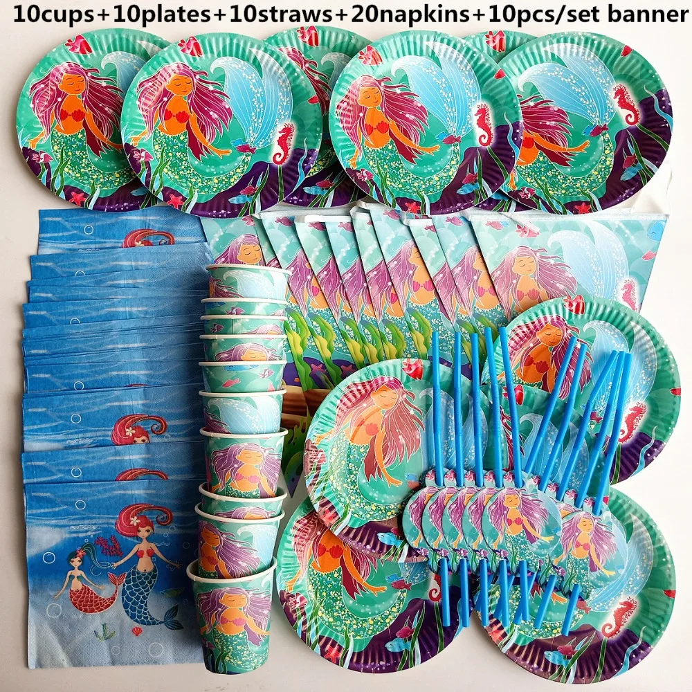 Качественный комплект из 60 предметов с изображением Русалочки на день рождения