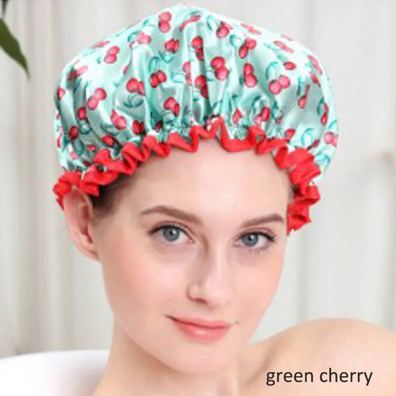 green cherry 1 шт., шапочка для ванной, водонепроницаемая, для душа, покрытие для волос, толстая шапочка для душа, s, двойной слой, для ванной, для женщин, принадлежности, эластичная лента, шапка - Цвет: green cherry