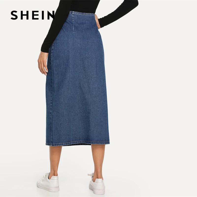 SHEIN Длинная Джинсовая Юбка На Пуговицах, Джинсовая Юбка В Стиле Кэжуал, Офисная Джинсовая Юбка