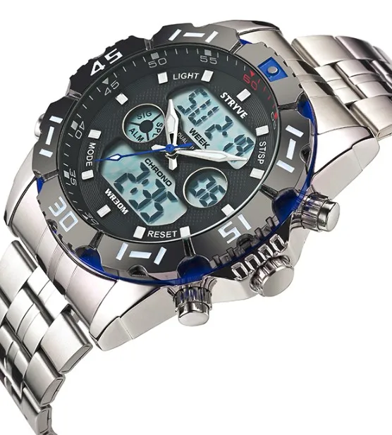 blue Stryve 8011 Роскошные брендовые водонепроницаемые военные спортивные часы мужские Цифровые кварцевые часы из нержавеющей стали с двойным дисплеем montre homme - Цвет: blue