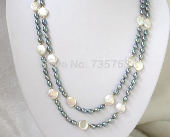 HOT 0015498 Nice 50&quot white coin black rice Pearl Necklace | Украшения и аксессуары