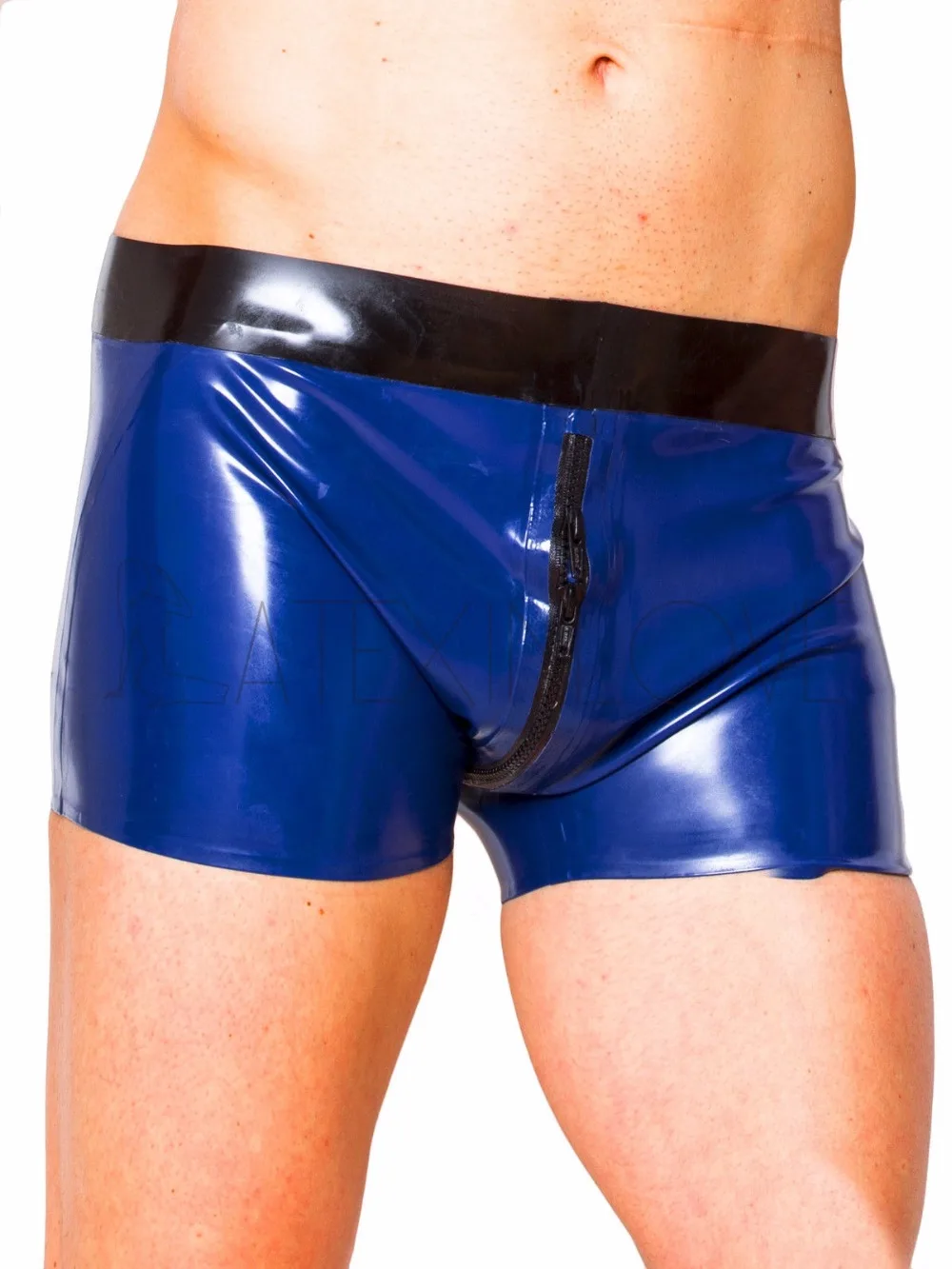 Сексуальные мужские Металлические Синие латексные шорты на молнии спереди