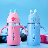 sweet gift bottle baby children personality glass bottles rabbit glass sippy drinking bottle with handle straw