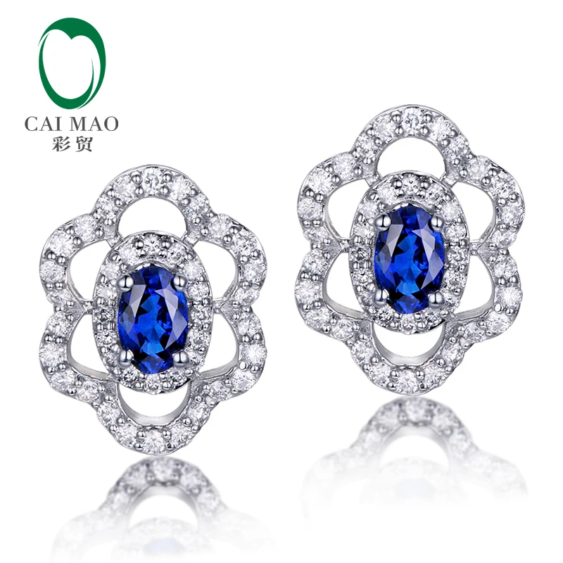 CaiMao Винтаж 0.62ct синие сапфиры 0.44ct круглый бриллиант 14kt серьги из белого золота шпильки для женщин